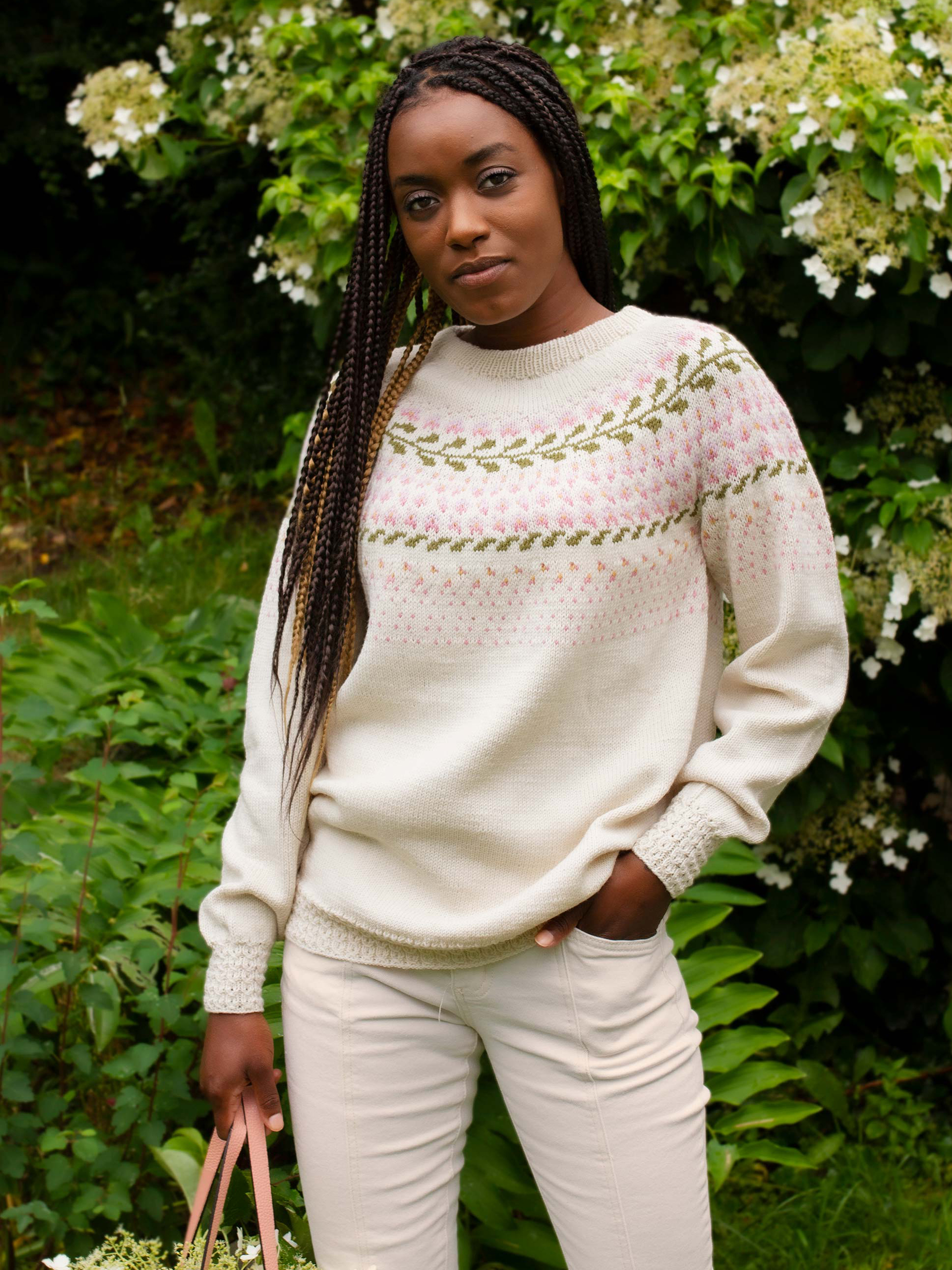 BLOMSTRING genser kitt/rosa (Merinor)