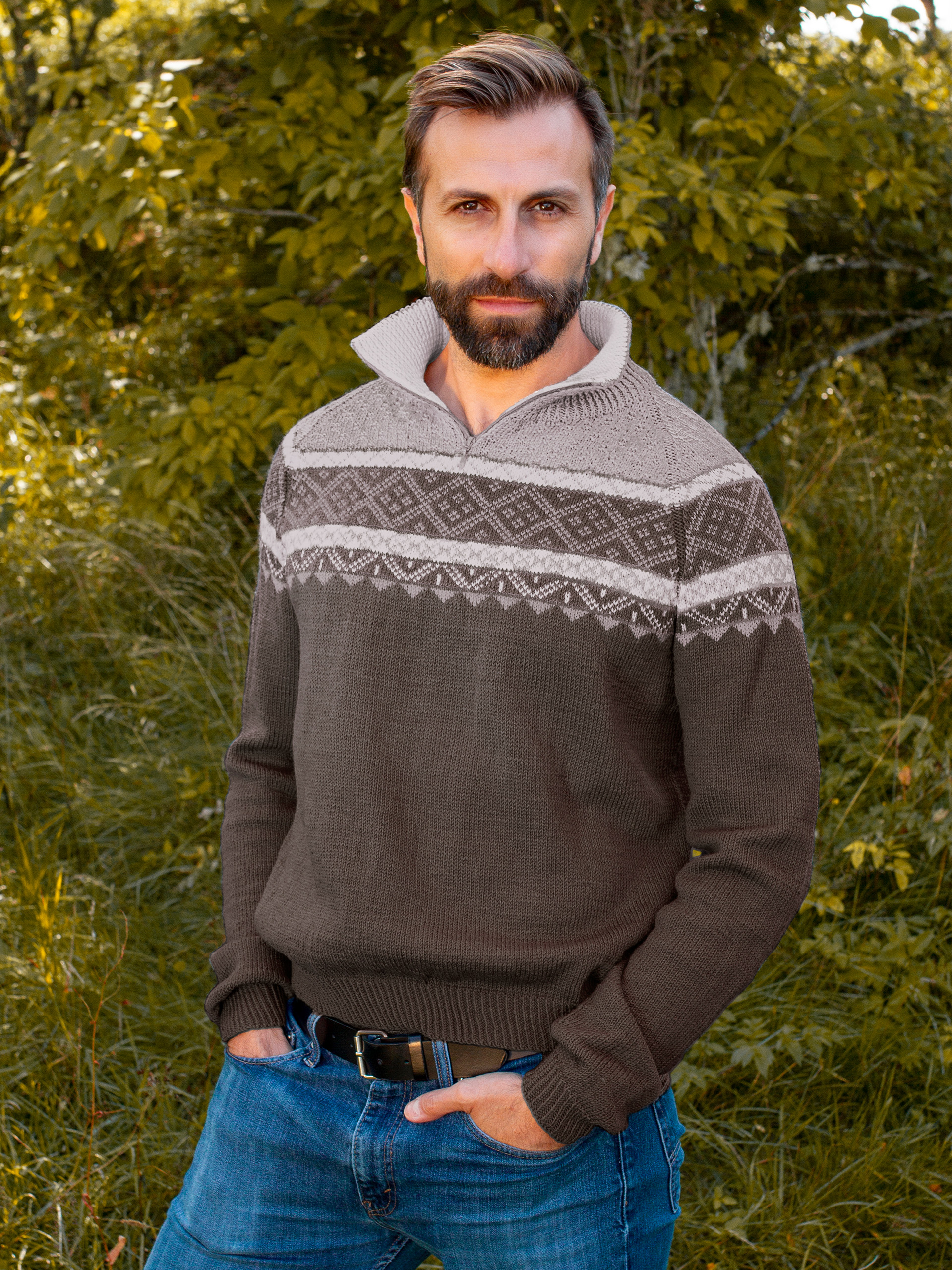 EIN zip-herregenser brunmelert/beige