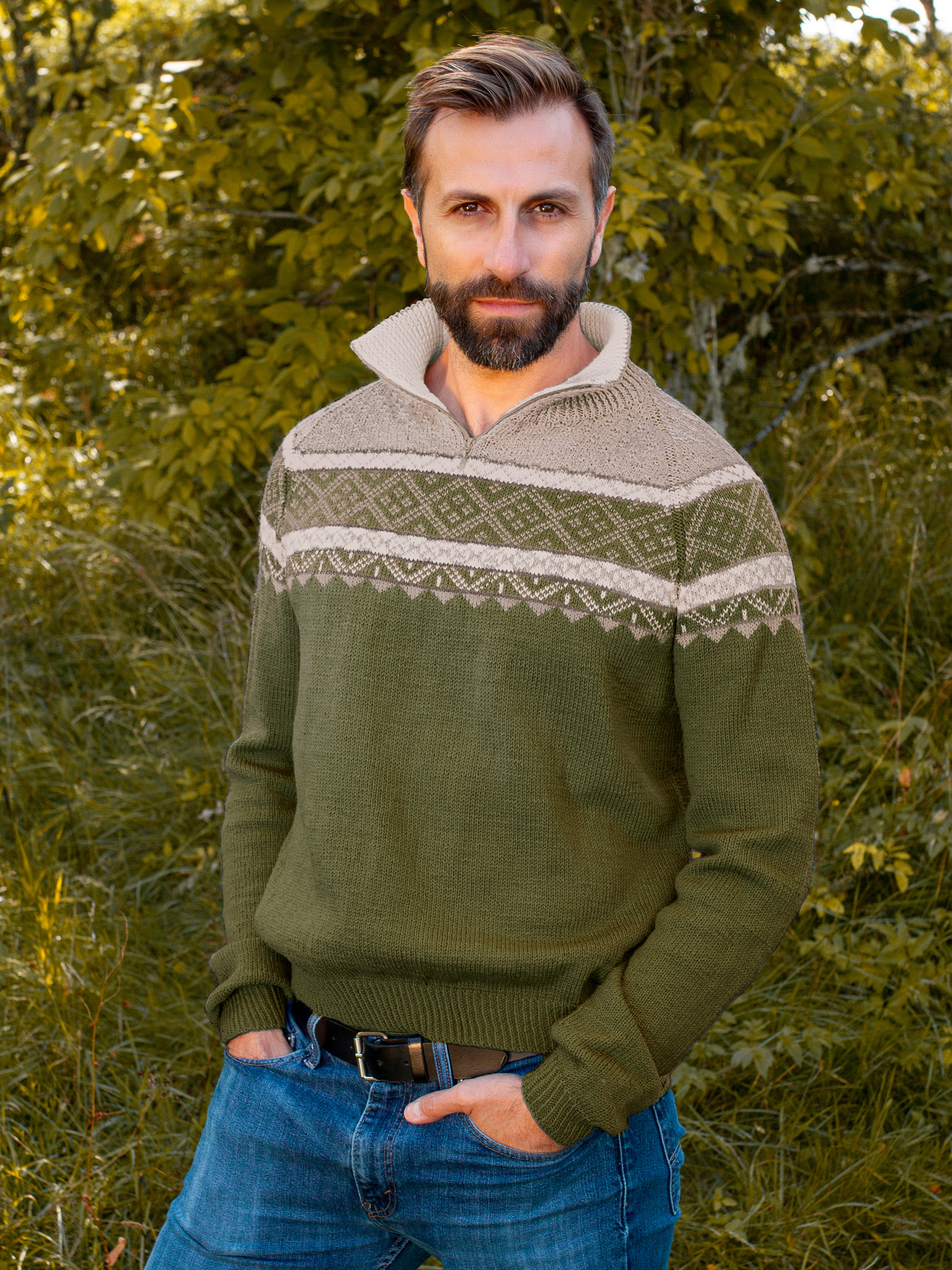 EIN zip-herregenser oliven/beige