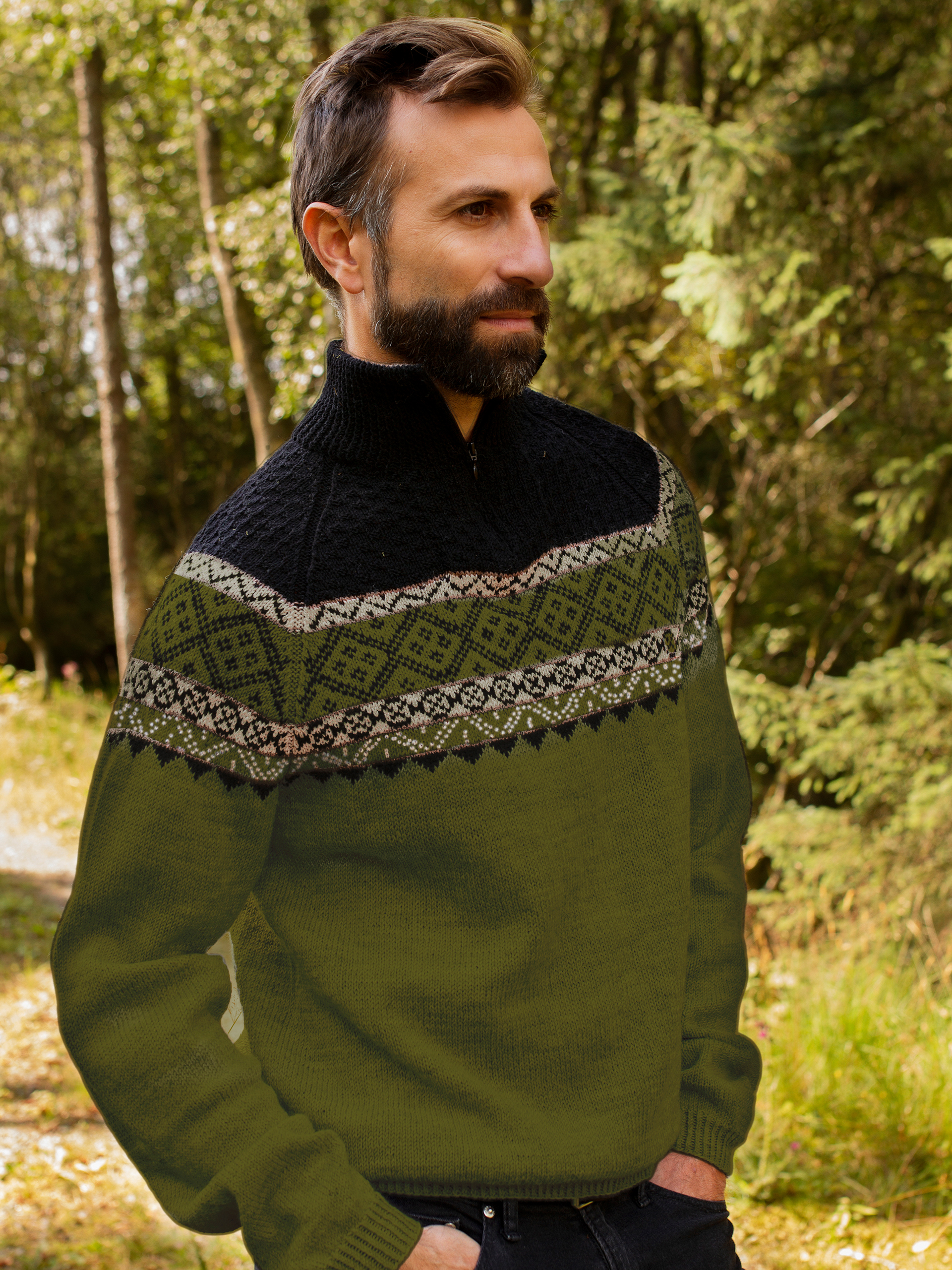 EIN zip-herregenser oliven/sort